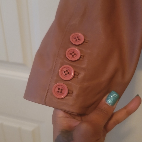 Tahari Brown Mauve Genuine Leather Puffy Sleeve Blazer Jacket Coat - Picture 5 of 12